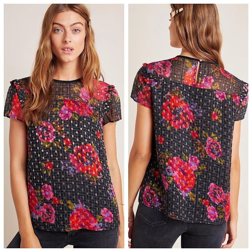 Anthropologie Fiorella Top Womens 10 Black Floral Gold Metallic Dot Ruffle